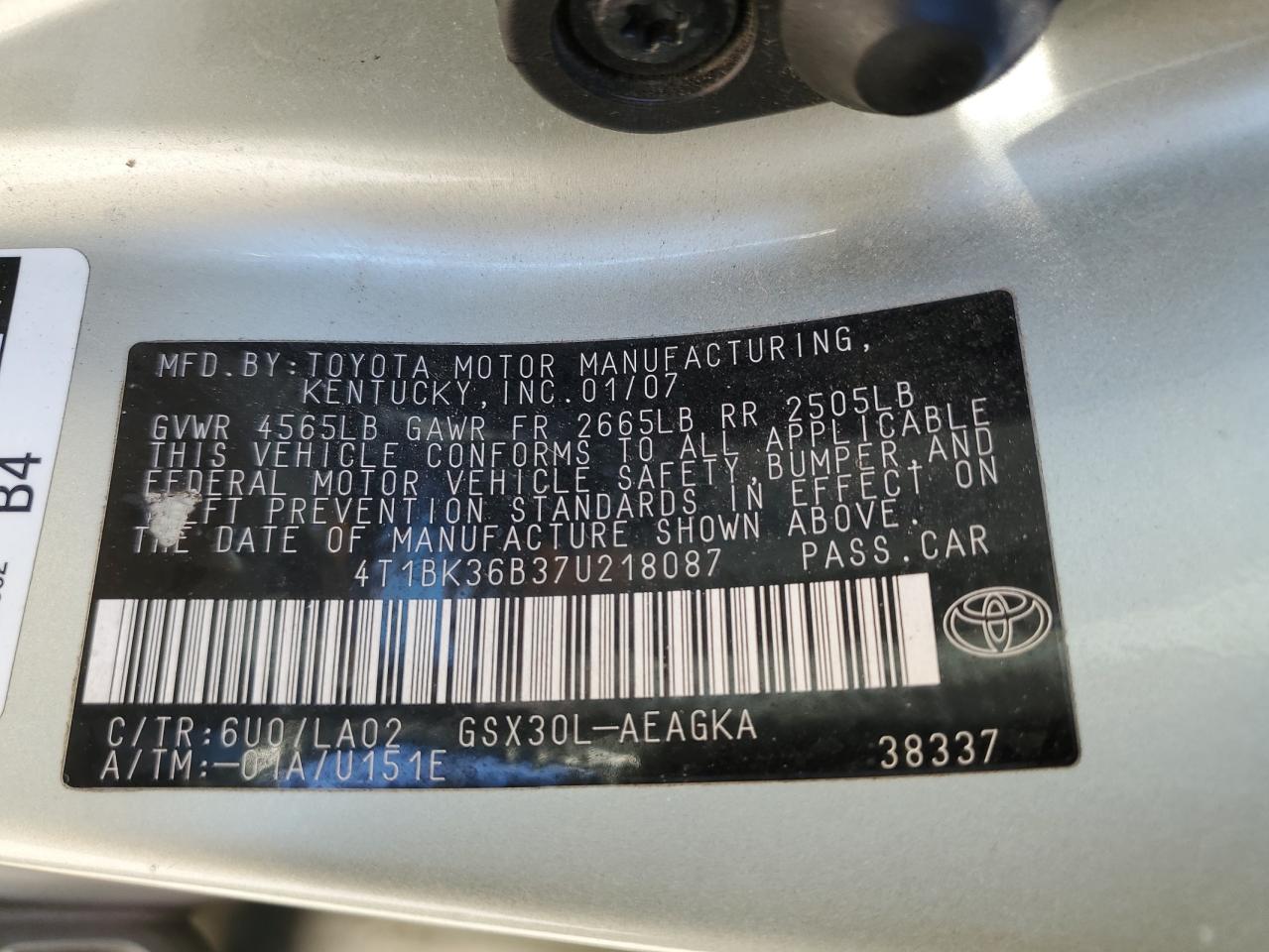 4T1BK36B37U218087 2007 Toyota Avalon Xl