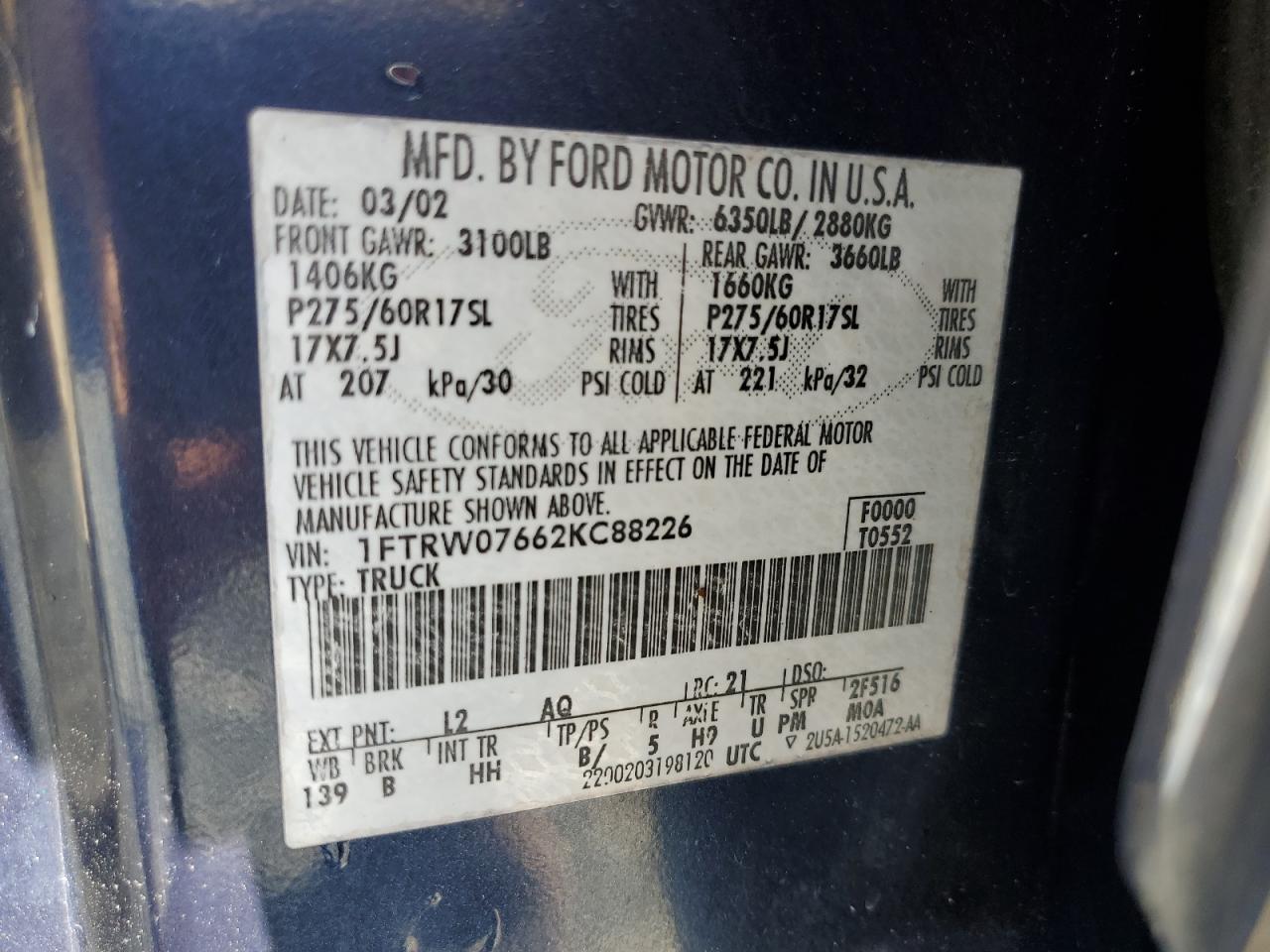 1FTRW07662KC88226 2002 Ford F150 Supercrew