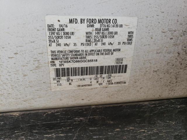 2016 Ford Explorer Xlt VIN: 1FM5K7D86GGC85518 Lot: 49815834