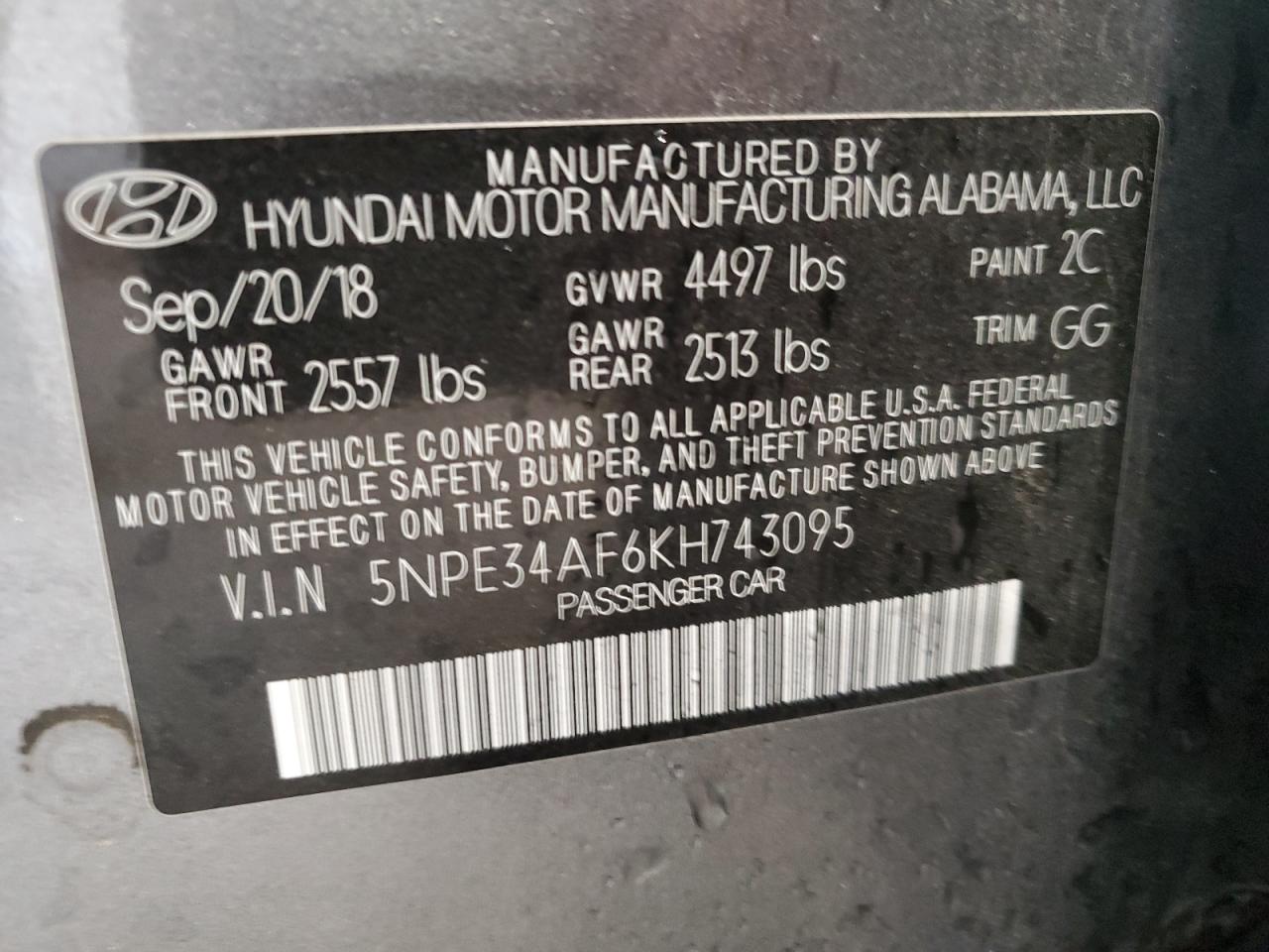 5NPE34AF6KH743095 HYUNDAI SONATA 2019