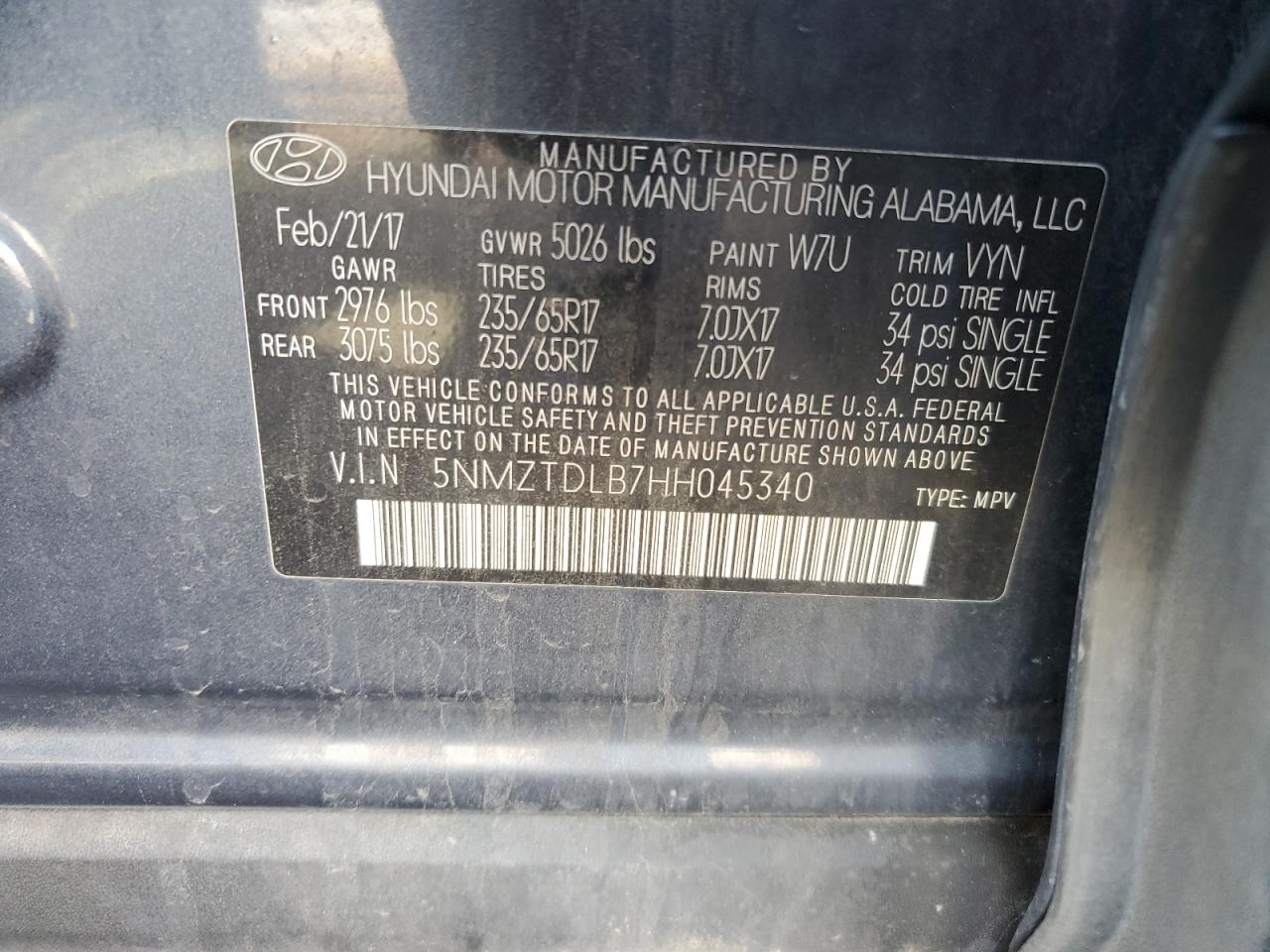 5NMZTDLB7HH045340 HYUNDAI SANTA FE 2017