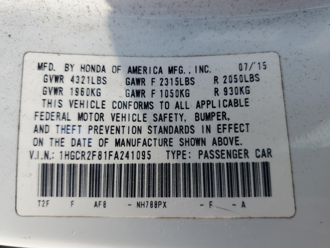 2015 Honda Accord Exl vin: 1HGCR2F81FA241095