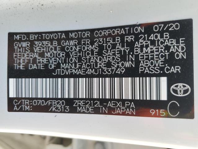 2021 Toyota Corolla Le VIN: JTDVPMAE4MJ133749 Lot: 49596504