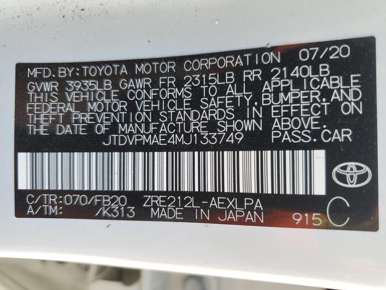 JTDVPMAE4MJ133749 2021 Toyota Corolla Le