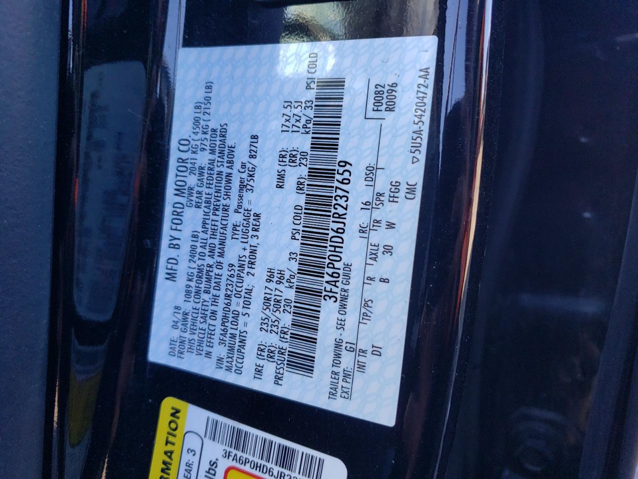 3FA6P0HD6JR237659 FORD FUSION 2018