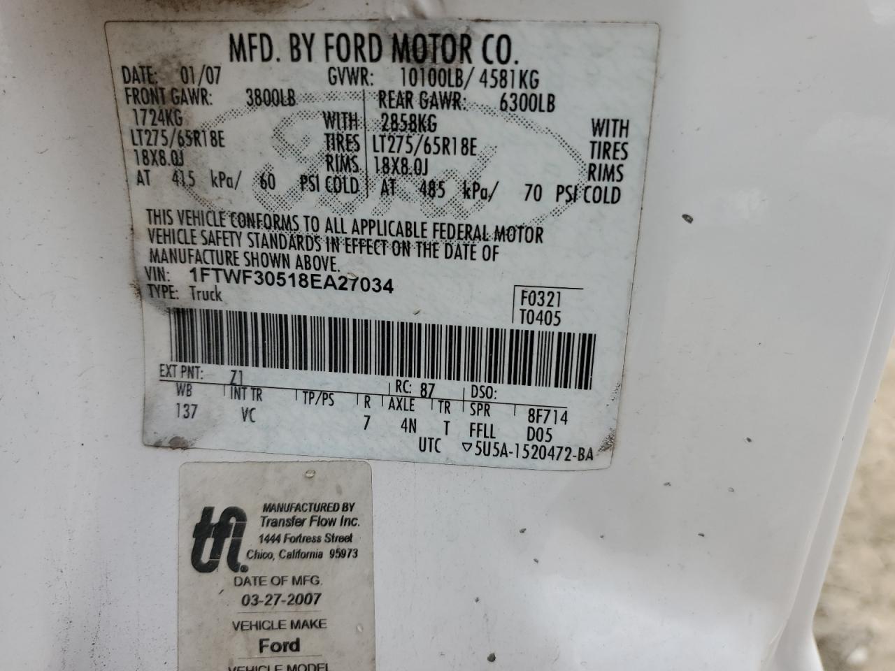 1FTWF30518EA27034 2008 Ford F350 Srw Super Duty