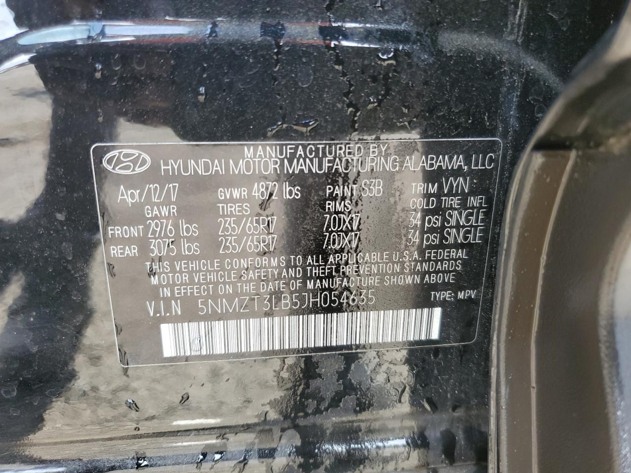 5NMZT3LB5JH054635 HYUNDAI SANTA FE 2018