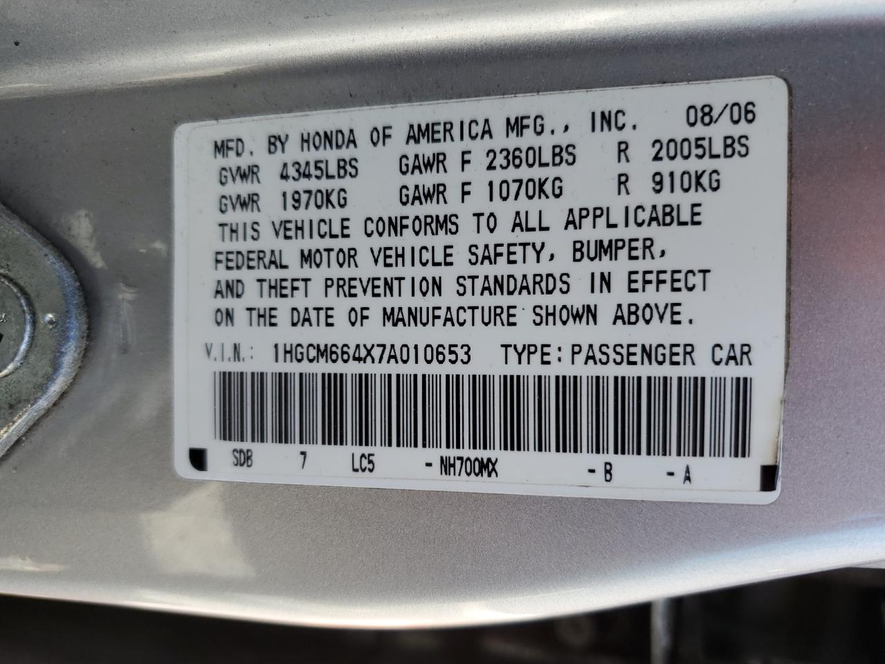 1HGCM664X7A010653 2007 Honda Accord Se