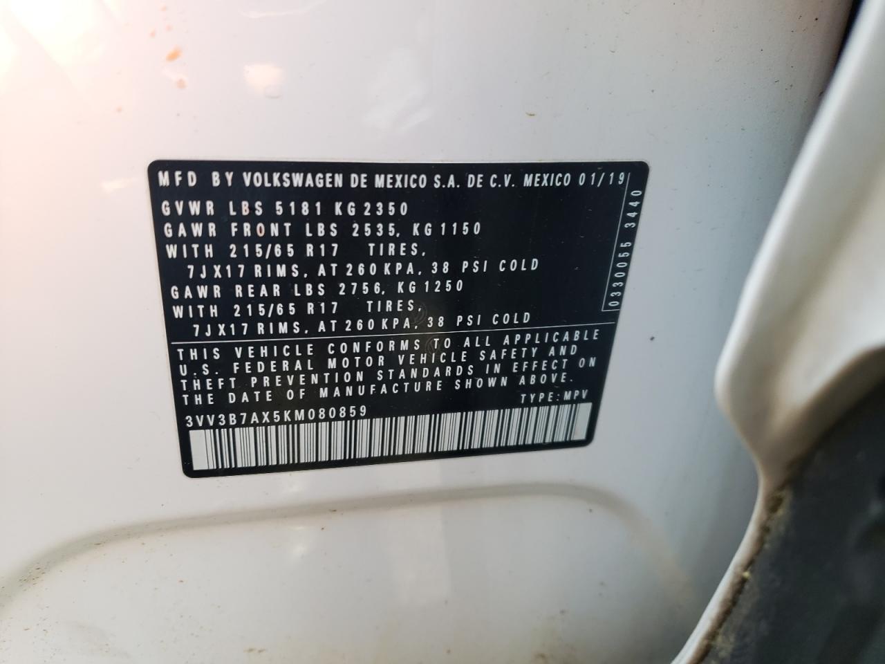 3VV3B7AX5KM080859 2019 Volkswagen Tiguan Se