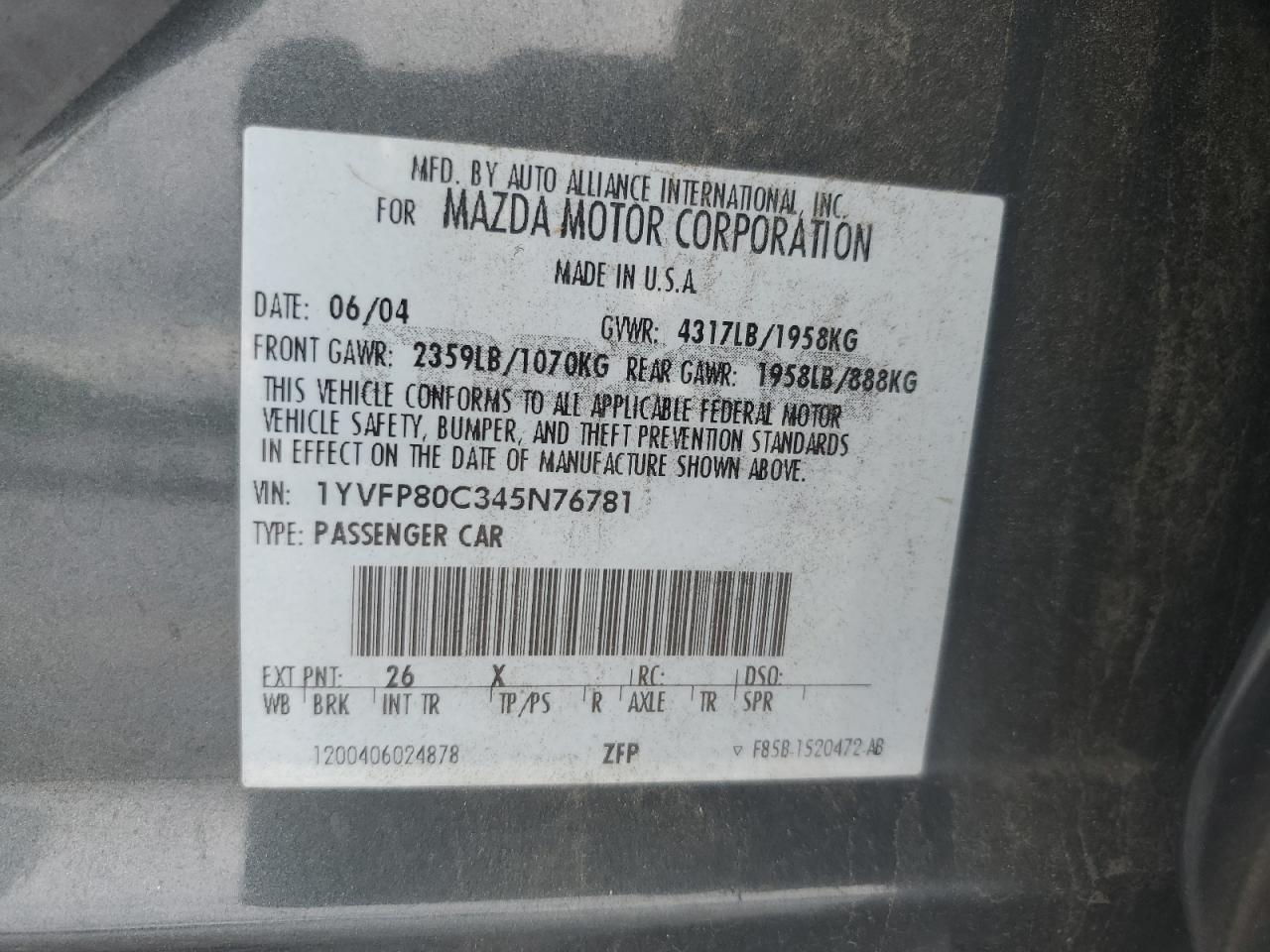 1YVFP80C345N76781 2004 Mazda 6 I