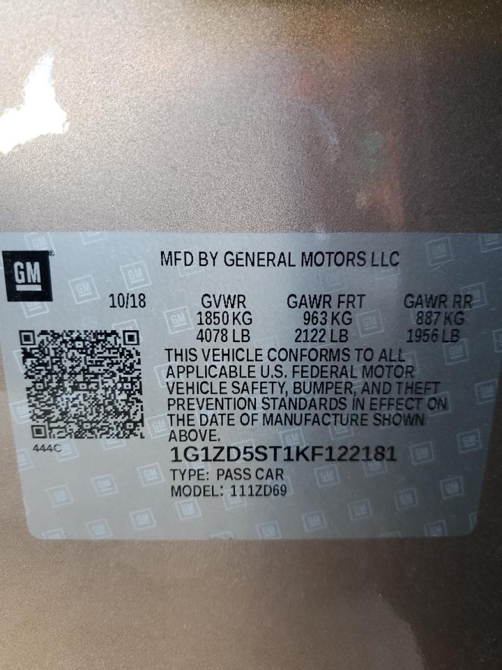 1G1ZD5ST1KF122181 CHEVROLET MALIBU 2019