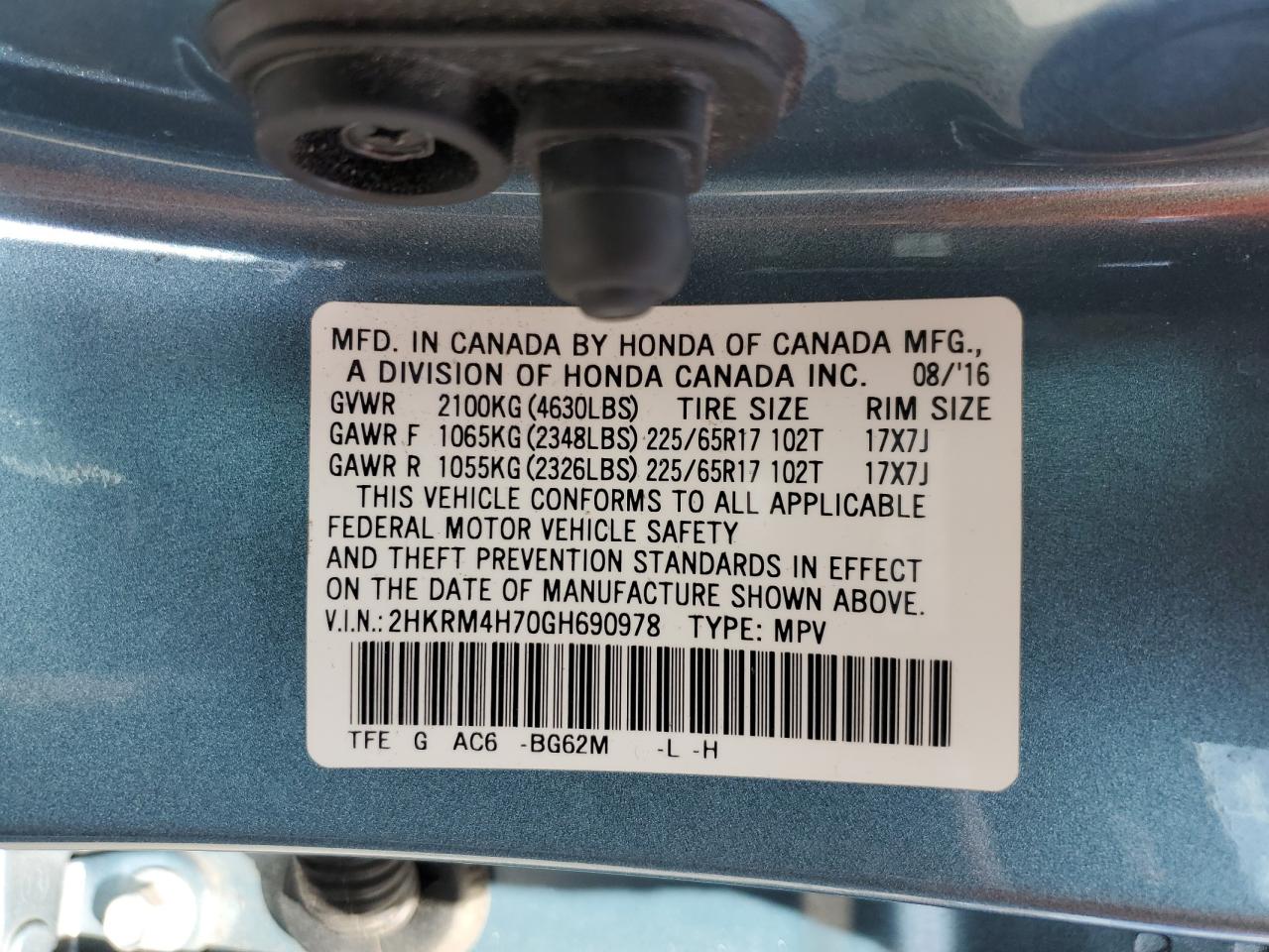 2HKRM4H70GH690978 HONDA CRV 2016