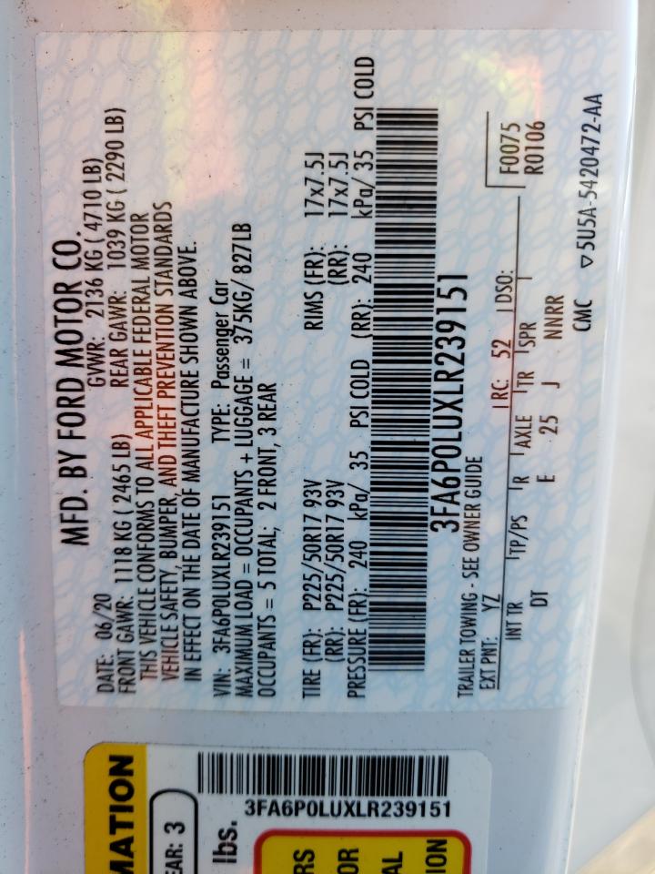 3FA6P0LUXLR239151 FORD FUSION 2020