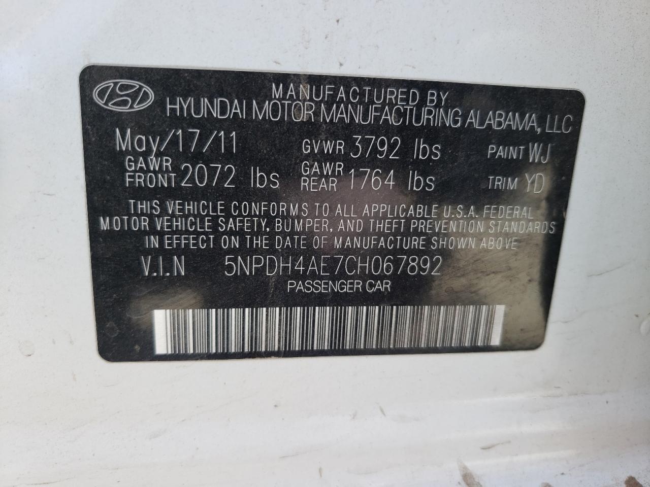 5NPDH4AE7CH067892 2012 Hyundai Elantra Gls