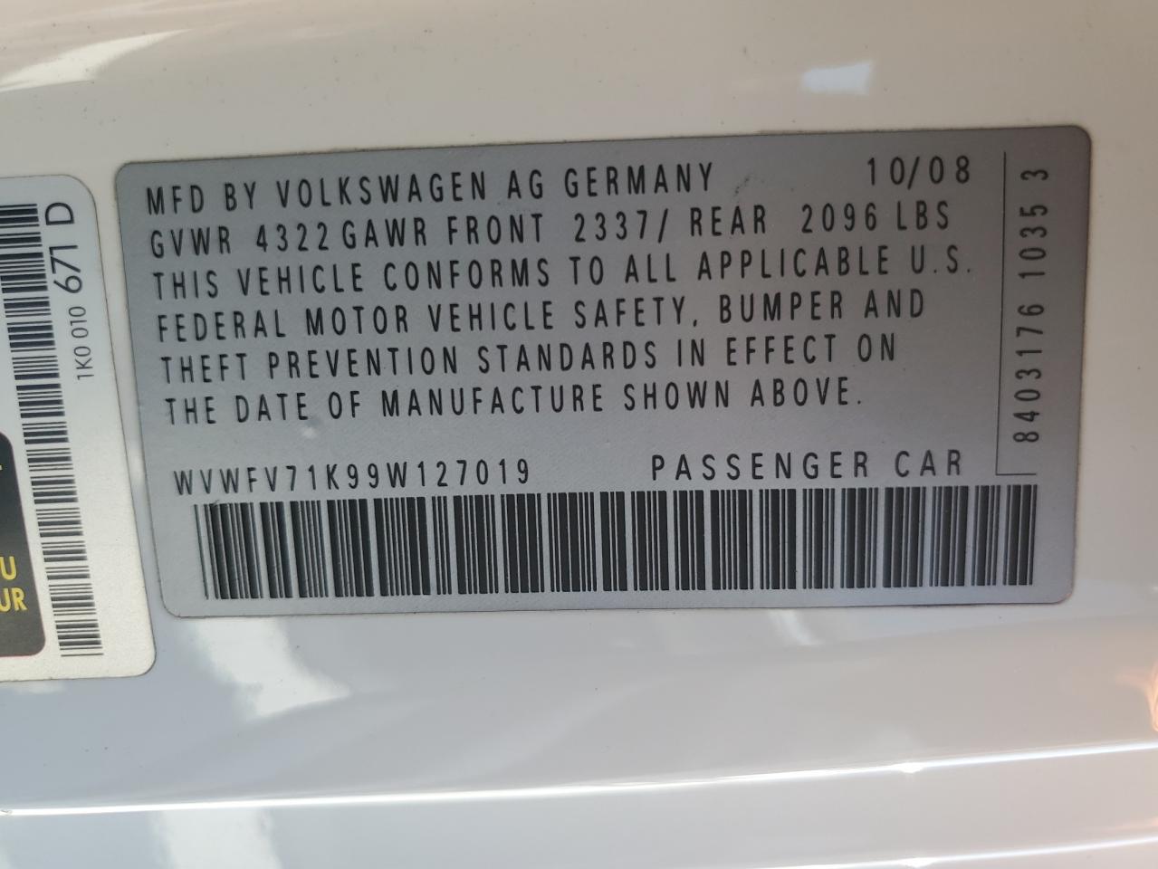 WVWFV71K99W127019 2009 Volkswagen Gti