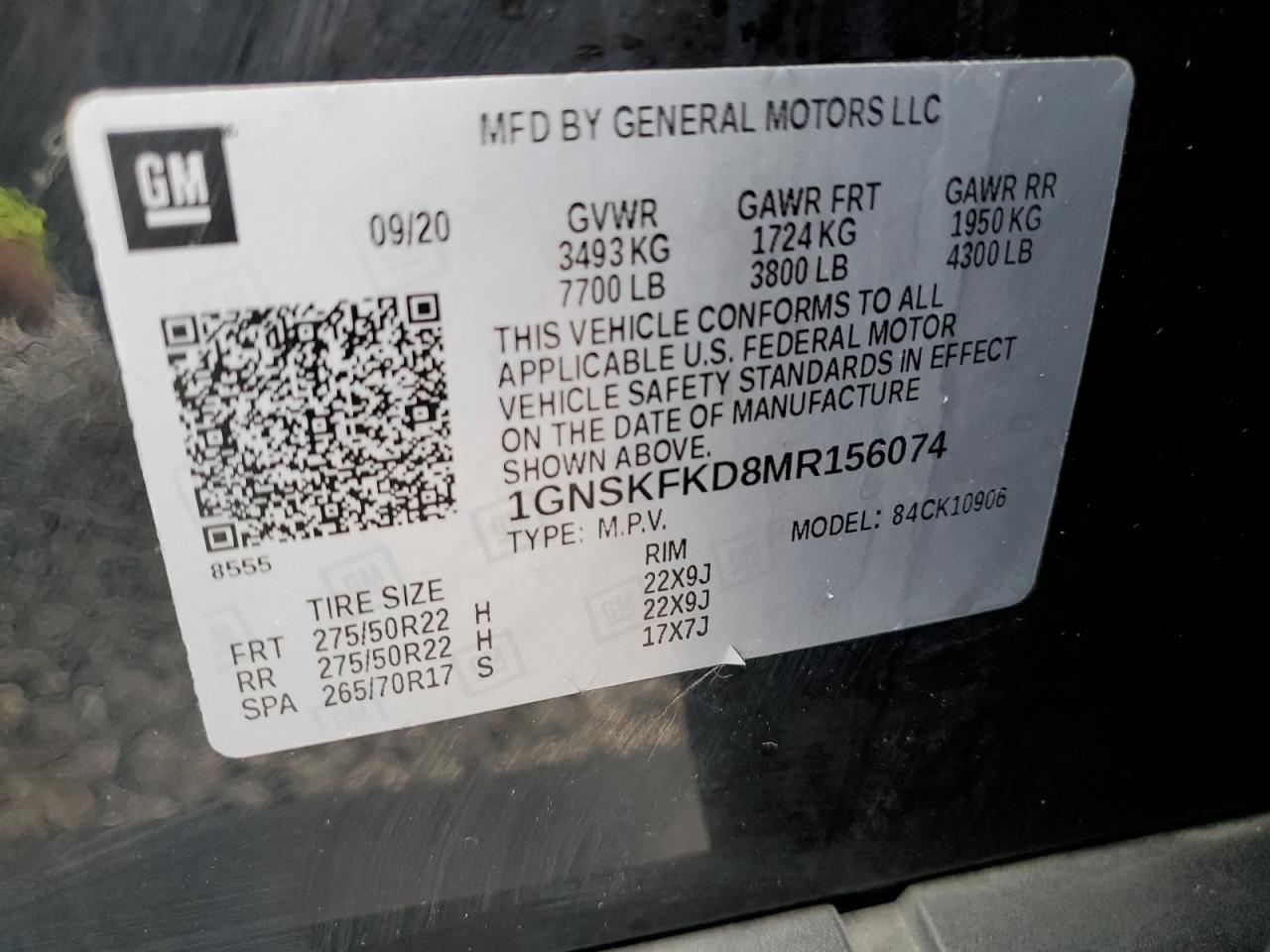 1GNSKFKD8MR156074 CHEVROLET SUBURBAN 2021