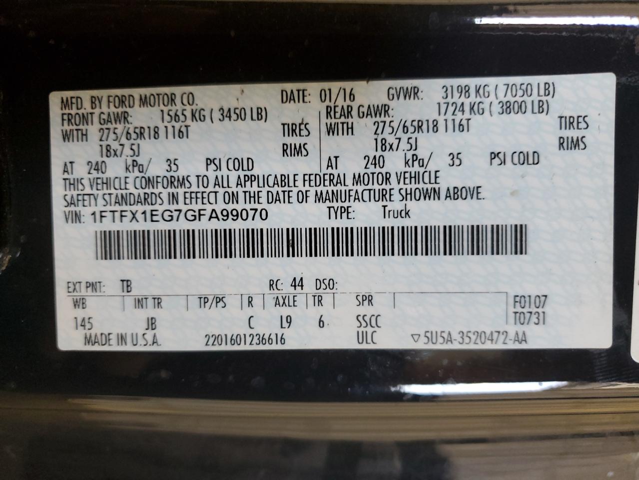 1FTFX1EG7GFA99070 FORD F-150 2016