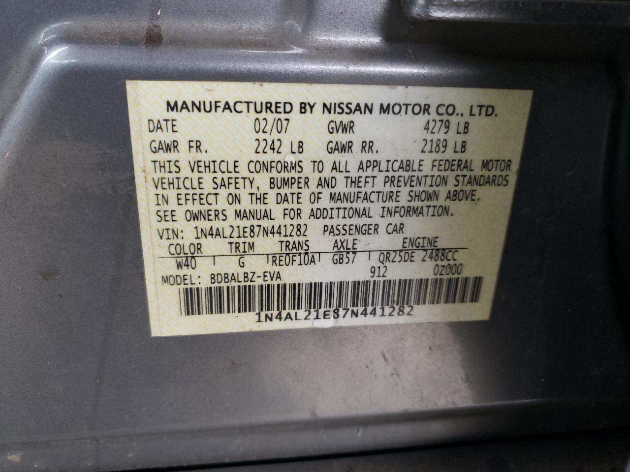 1N4AL21E87N441282 2007 Nissan Altima 2.5