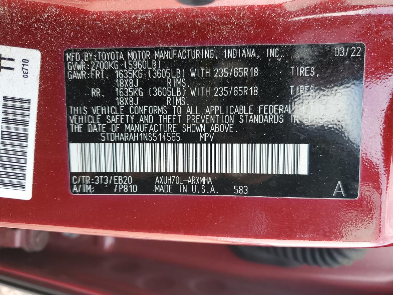 5TDHARAH1NS514565 2022 Toyota Highlander Hybrid Xle