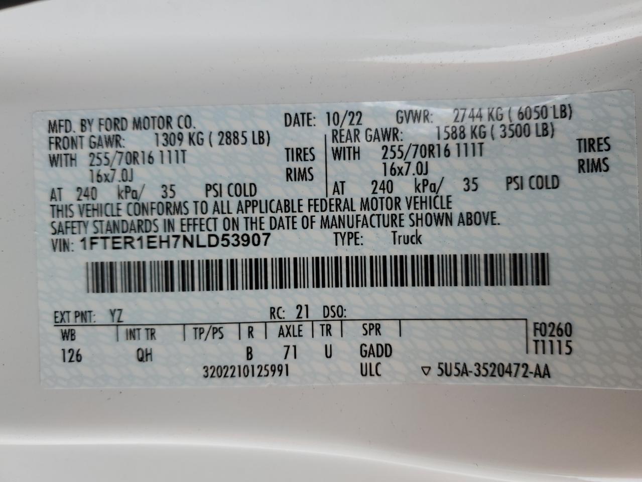 1FTER1EH7NLD53907 FORD RANGER 2022