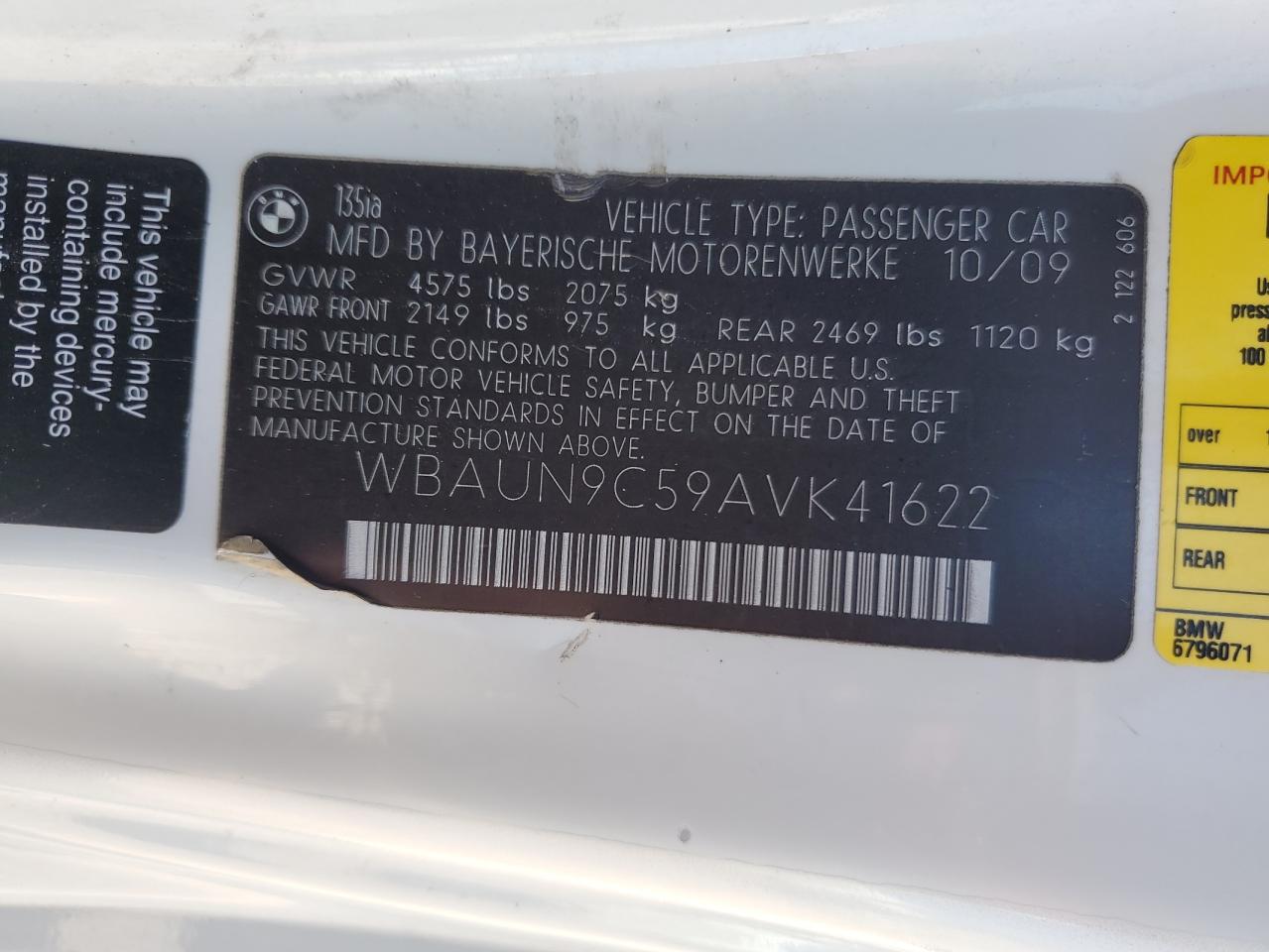 WBAUN9C59AVK41622 2010 BMW 135 I