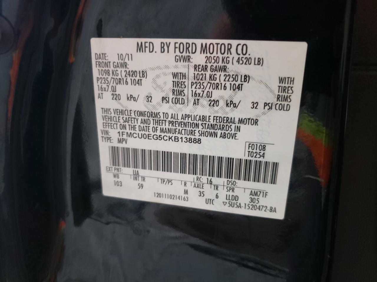 1FMCU0EG5CKB13888 2012 Ford Escape Limited