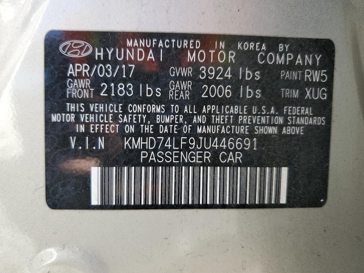 KMHD74LF9JU446691 2018 Hyundai Elantra Se