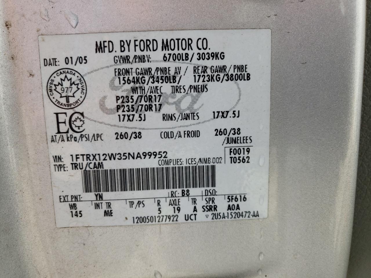 1FTRX12W35NA99952 2005 Ford F150