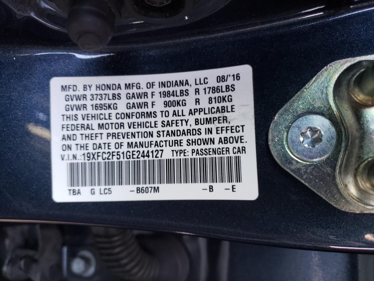 19XFC2F51GE244127 HONDA CIVIC 2016