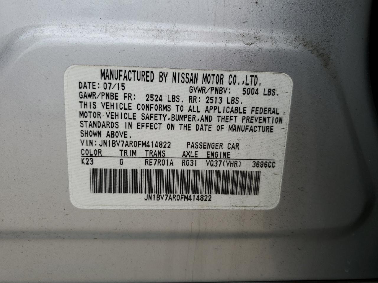 JN1BV7AR0FM414822 2015 Infiniti Q50 Base