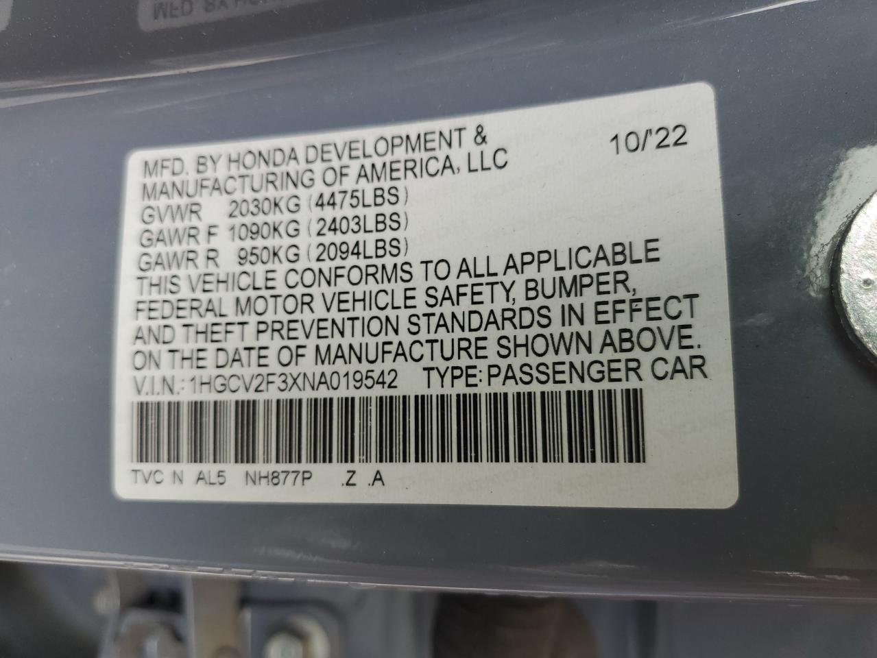 1HGCV2F3XNA019542 HONDA ACCORD 2022