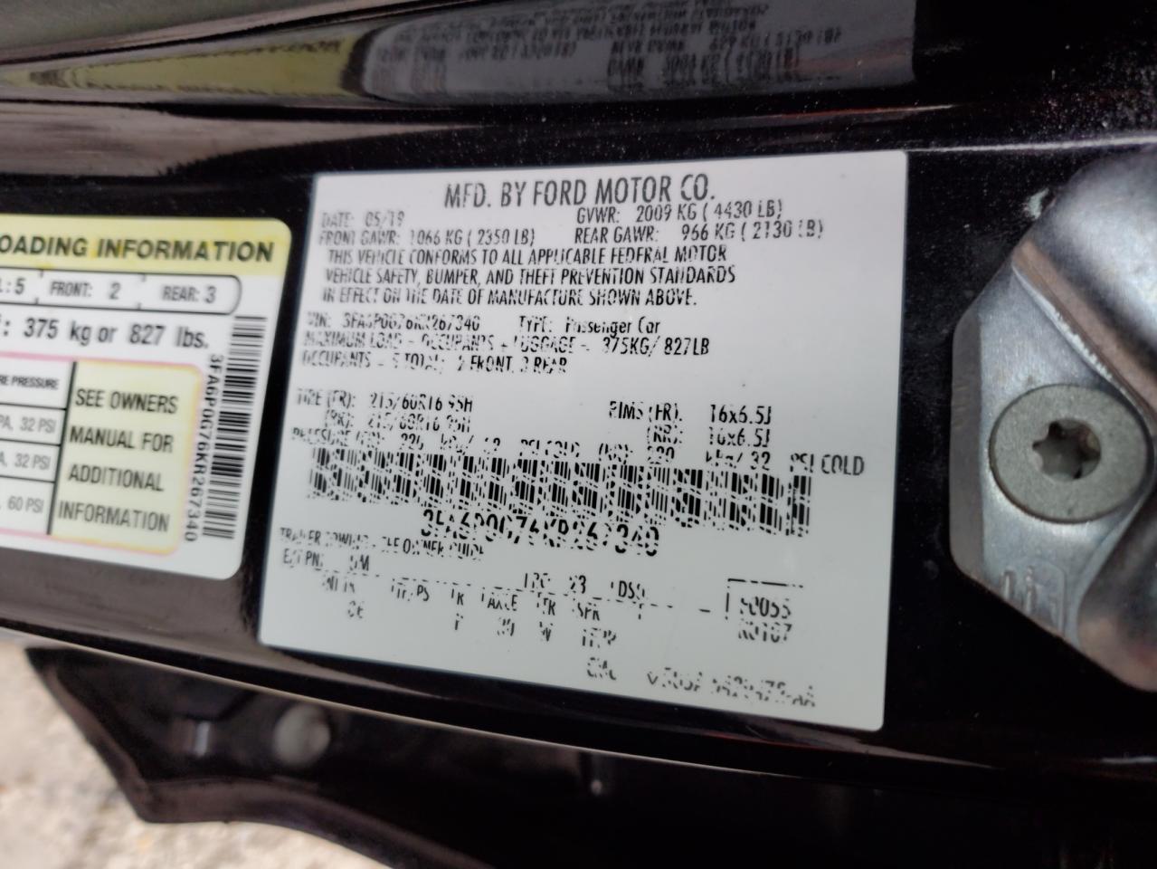 3FA6P0G76KR267340 FORD FUSION 2019
