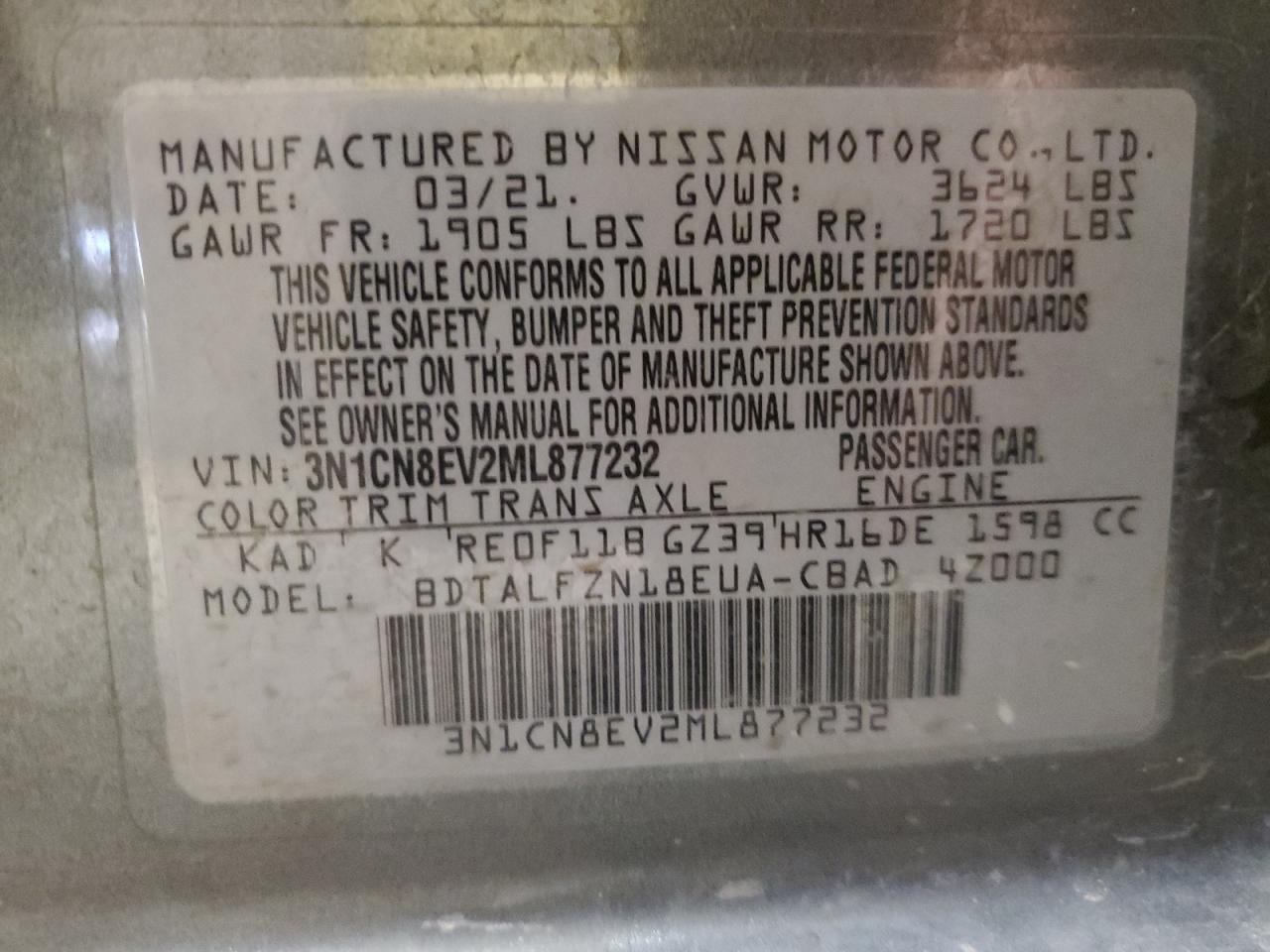 3N1CN8EV2ML877232 NISSAN VERSA 2021