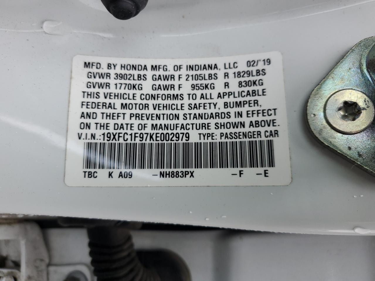 19XFC1F97KE002979 2019 Honda Civic Touring
