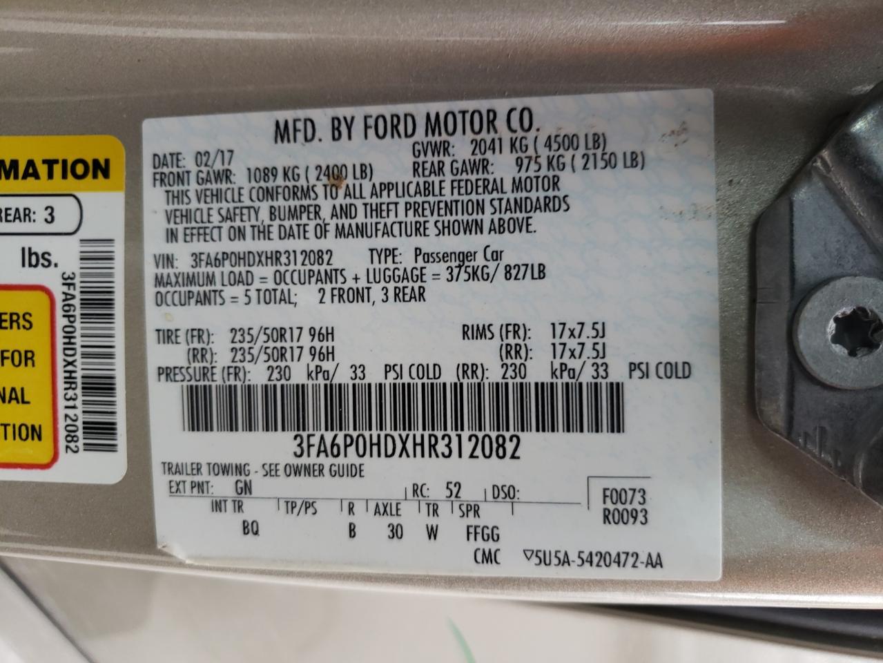 3FA6P0HDXHR312082 FORD FUSION 2017