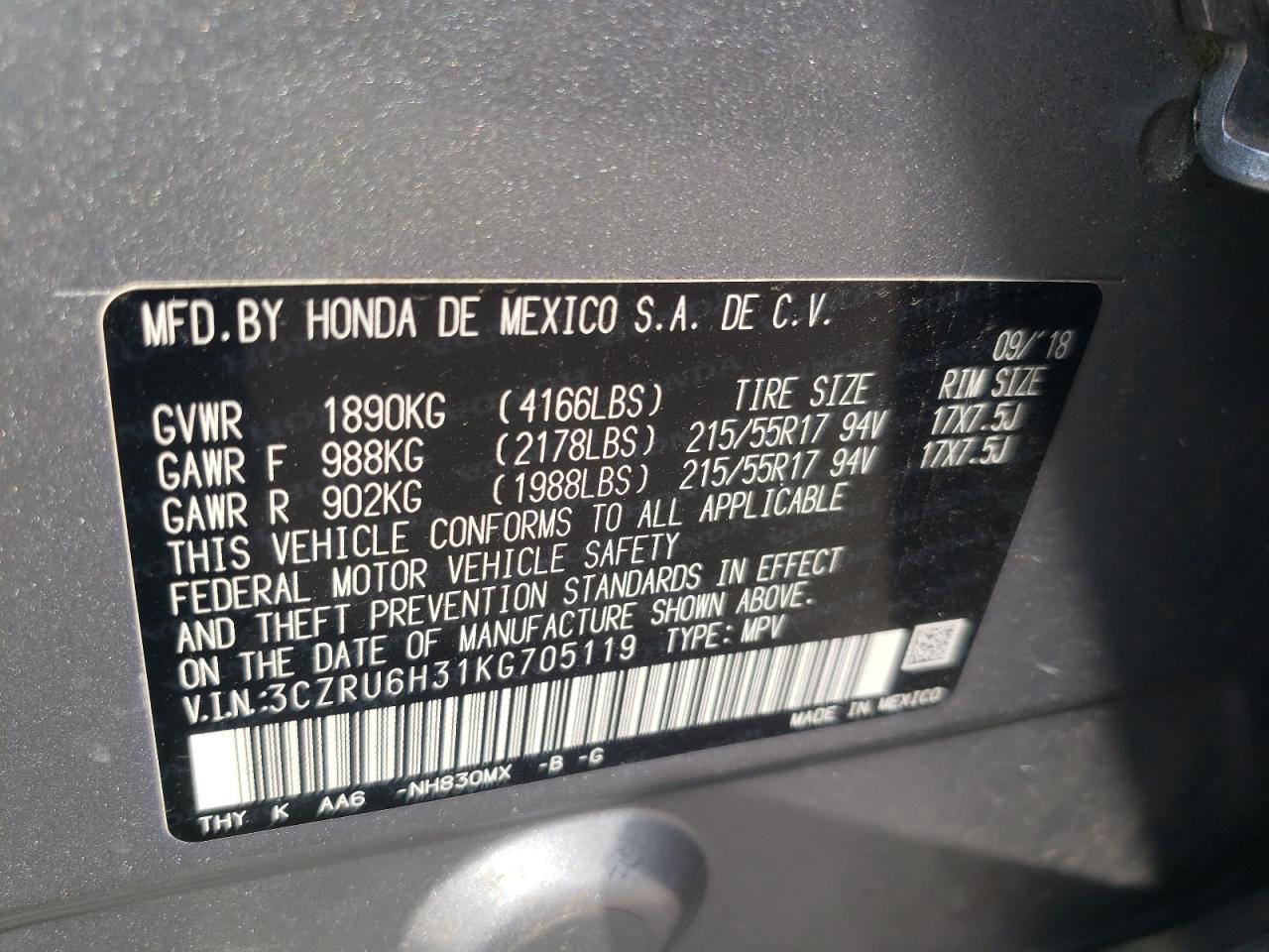 3CZRU6H31KG705119 2019 Honda Hr-V Lx