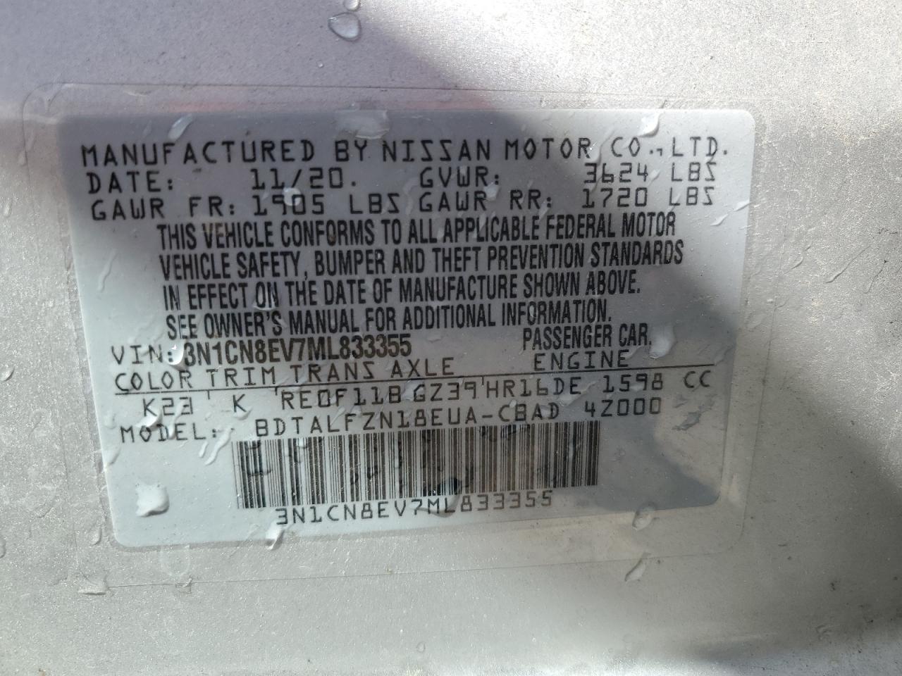 3N1CN8EV7ML833355 NISSAN VERSA 2021