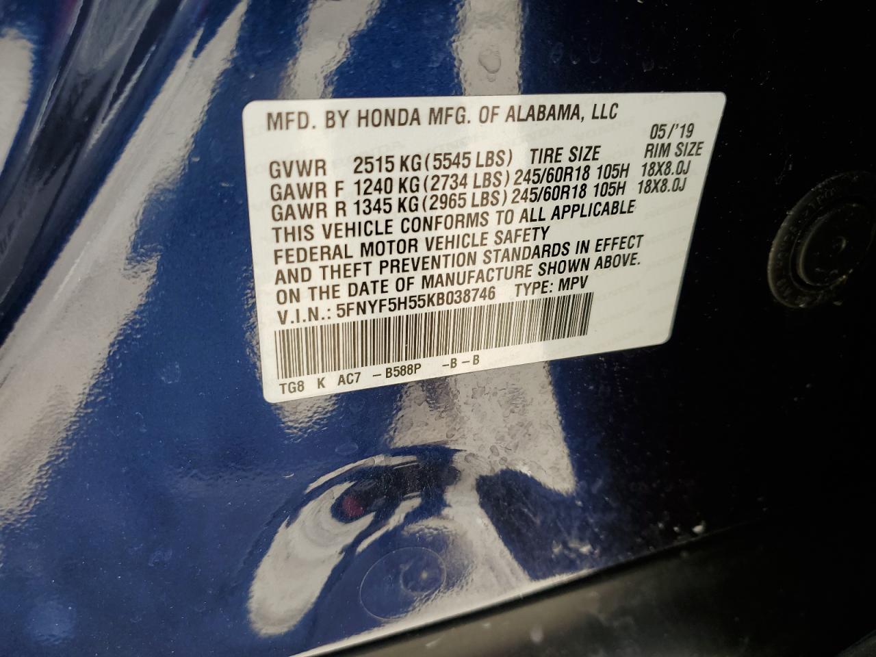 5FNYF5H55KB038746 HONDA PILOT 2019
