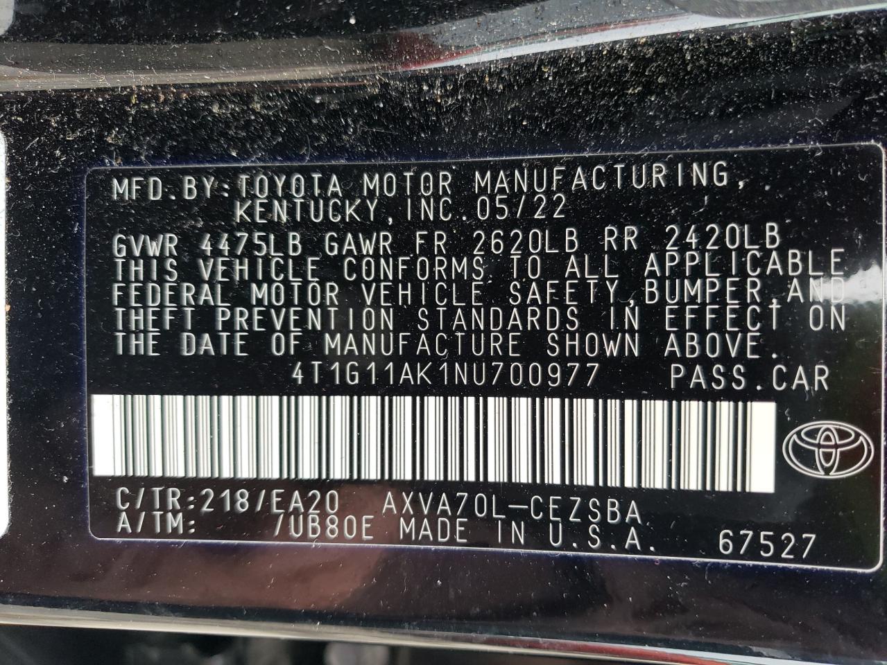 4T1G11AK1NU700977 TOYOTA CAMRY 2022