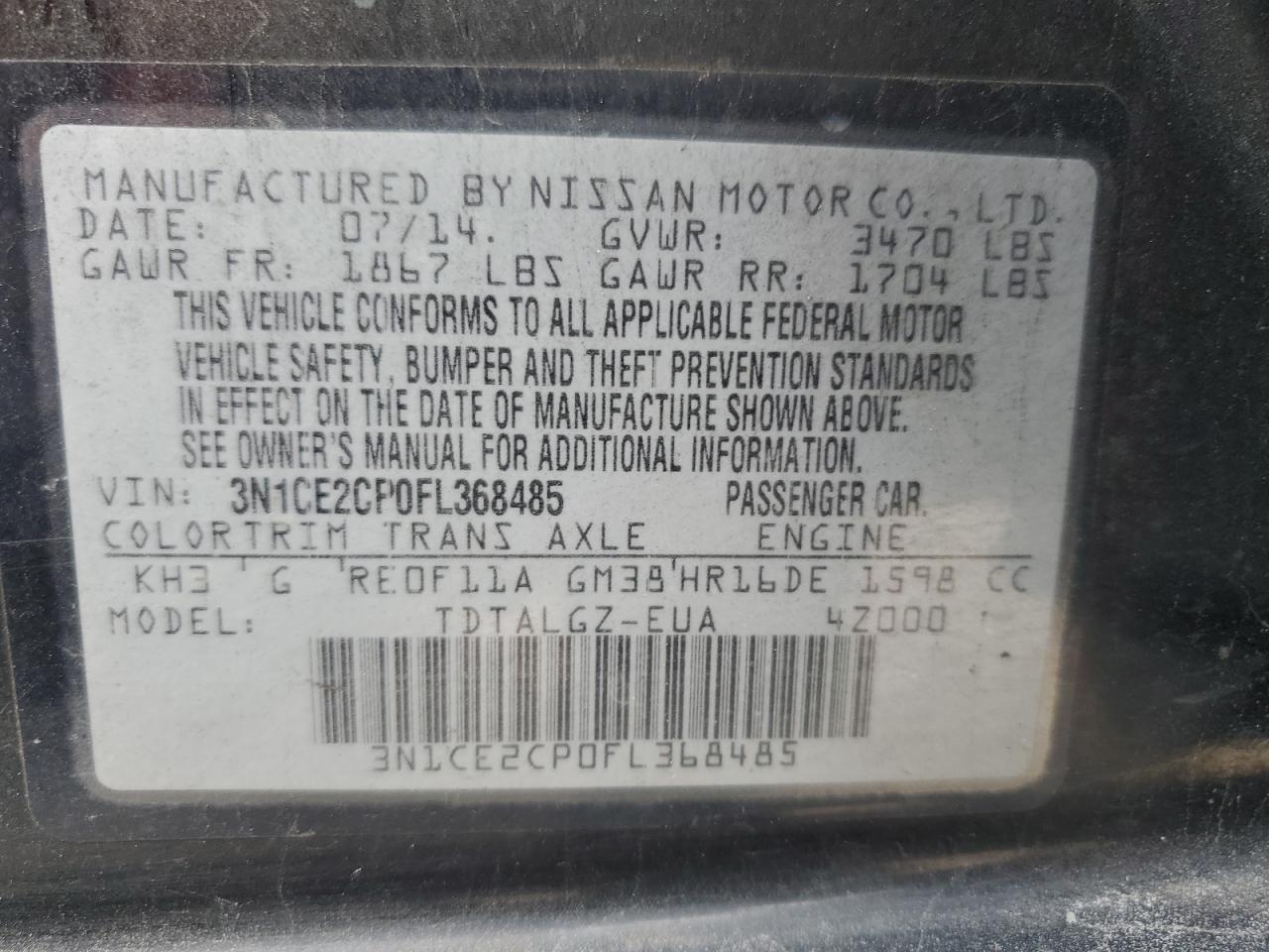 3N1CE2CP0FL368485 2015 Nissan Versa Note S