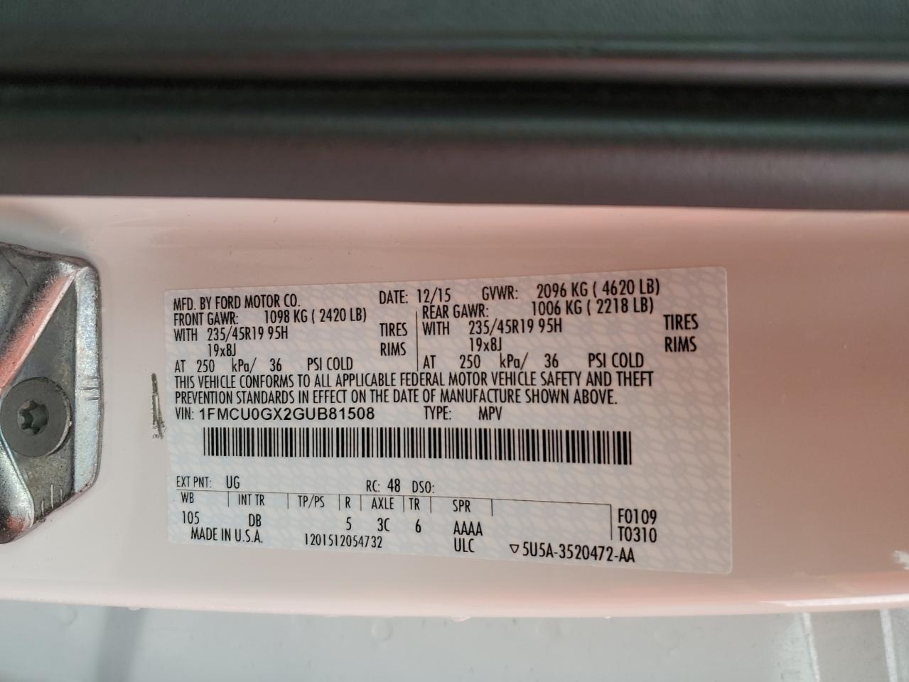 1FMCU0GX2GUB81508 FORD ESCAPE 2016