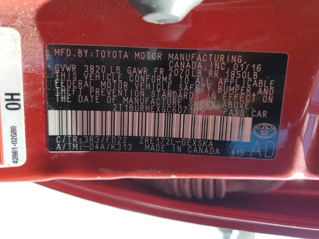 2016 Toyota Corolla L VIN: 2T1BURHEXGC607105 Lot: 51491014