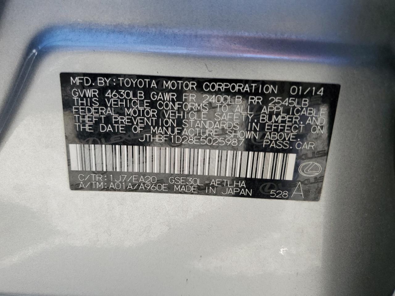 JTHBF1D28E5025987 2014 Lexus Is 250