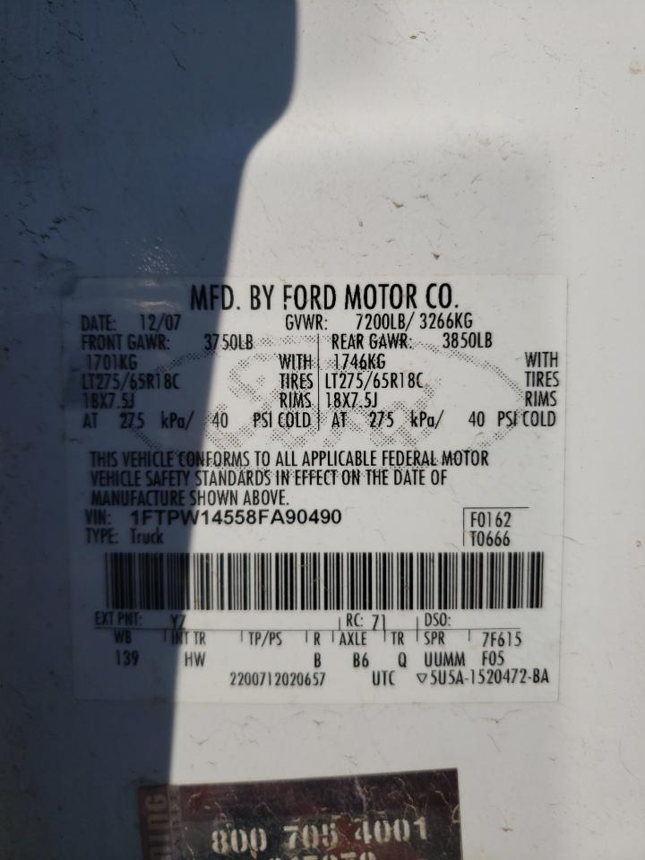 1FTPW14558FA90490 2008 Ford F150 Supercrew