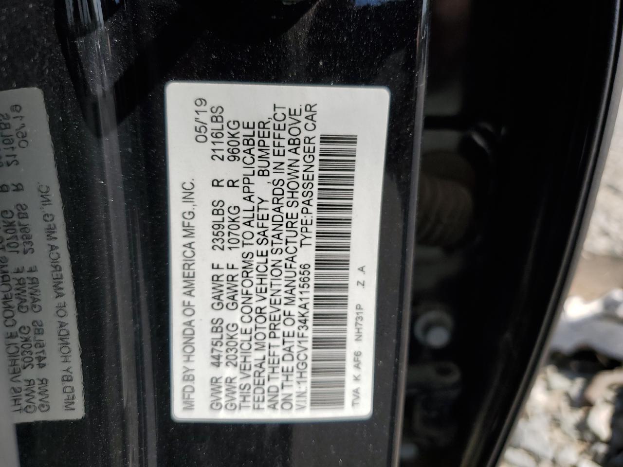 1HGCV1F34KA115656 2019 Honda Accord Sport