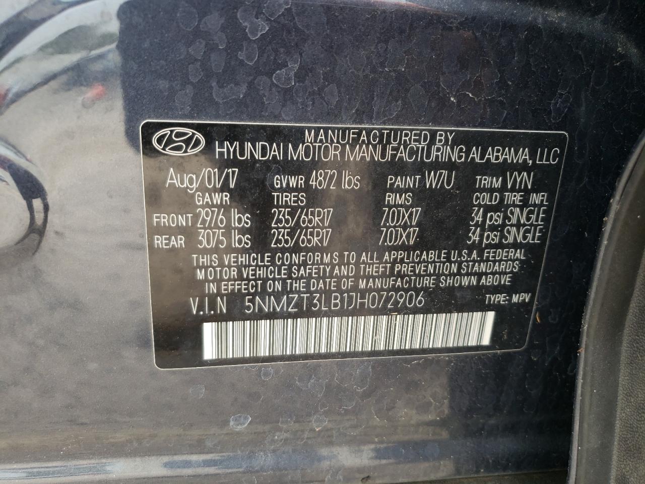 5NMZT3LB1JH072906 2018 Hyundai Santa Fe Sport