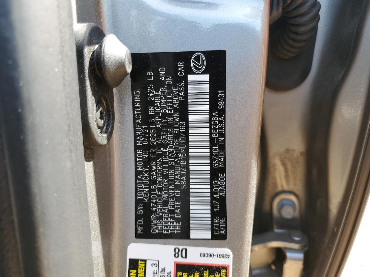 58ADZ1B15MU107163 2021 Lexus Es 350 Base