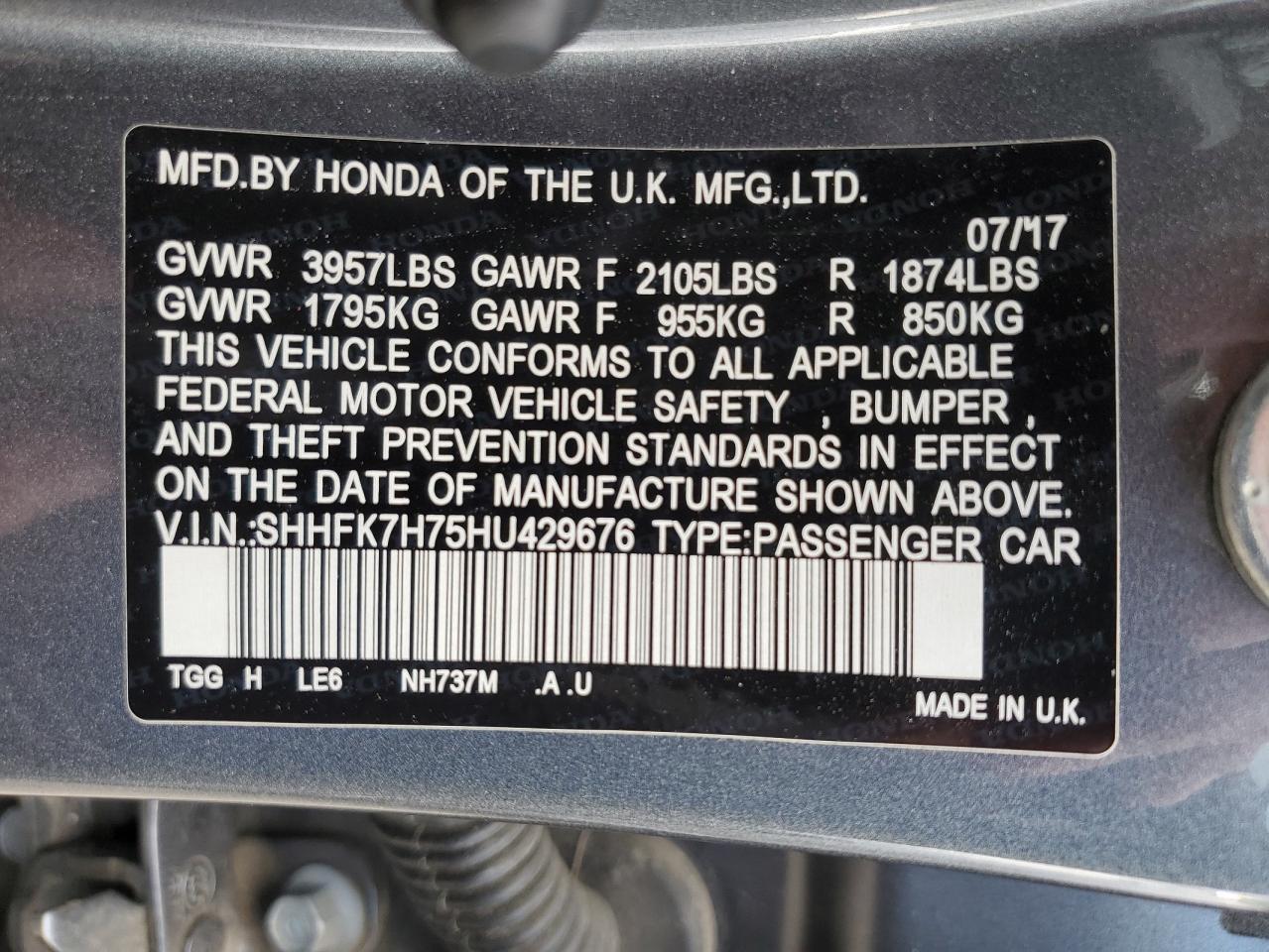 VIN: SHHFK7H75HU429676 2017 HONDA CIVIC