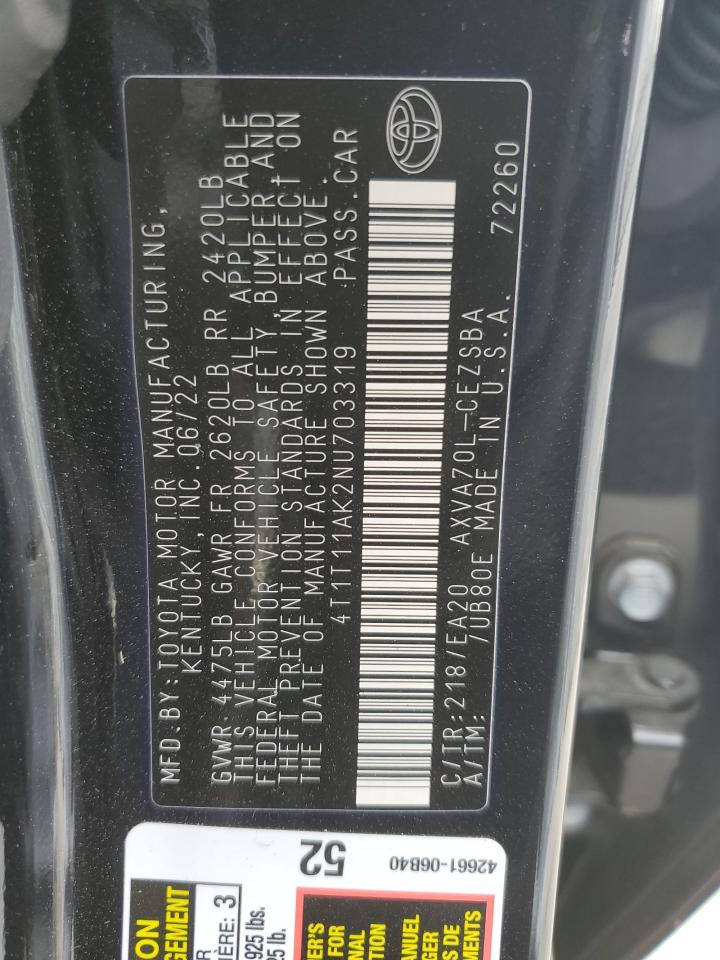 4T1T11AK2NU703319 TOYOTA CAMRY 2022