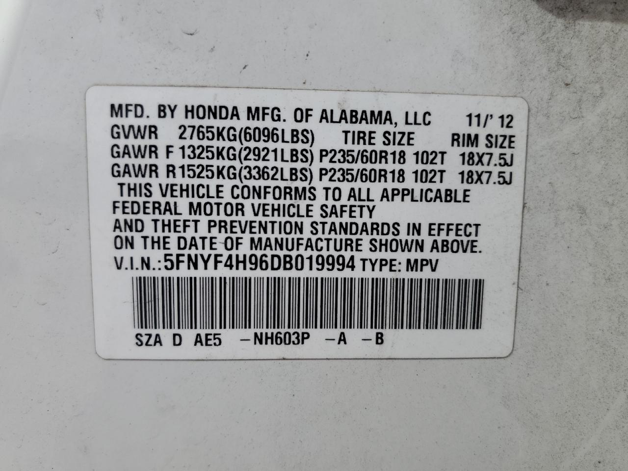 5FNYF4H96DB019994 2013 Honda Pilot Touring